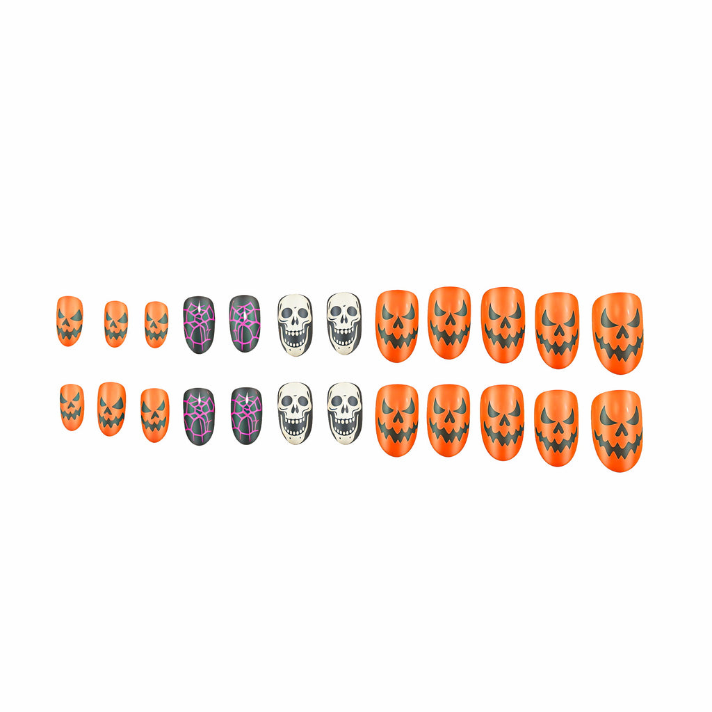 Halloween Pumpkin Skull Press On Nails – Spider Web Dark Style Fake Nails 