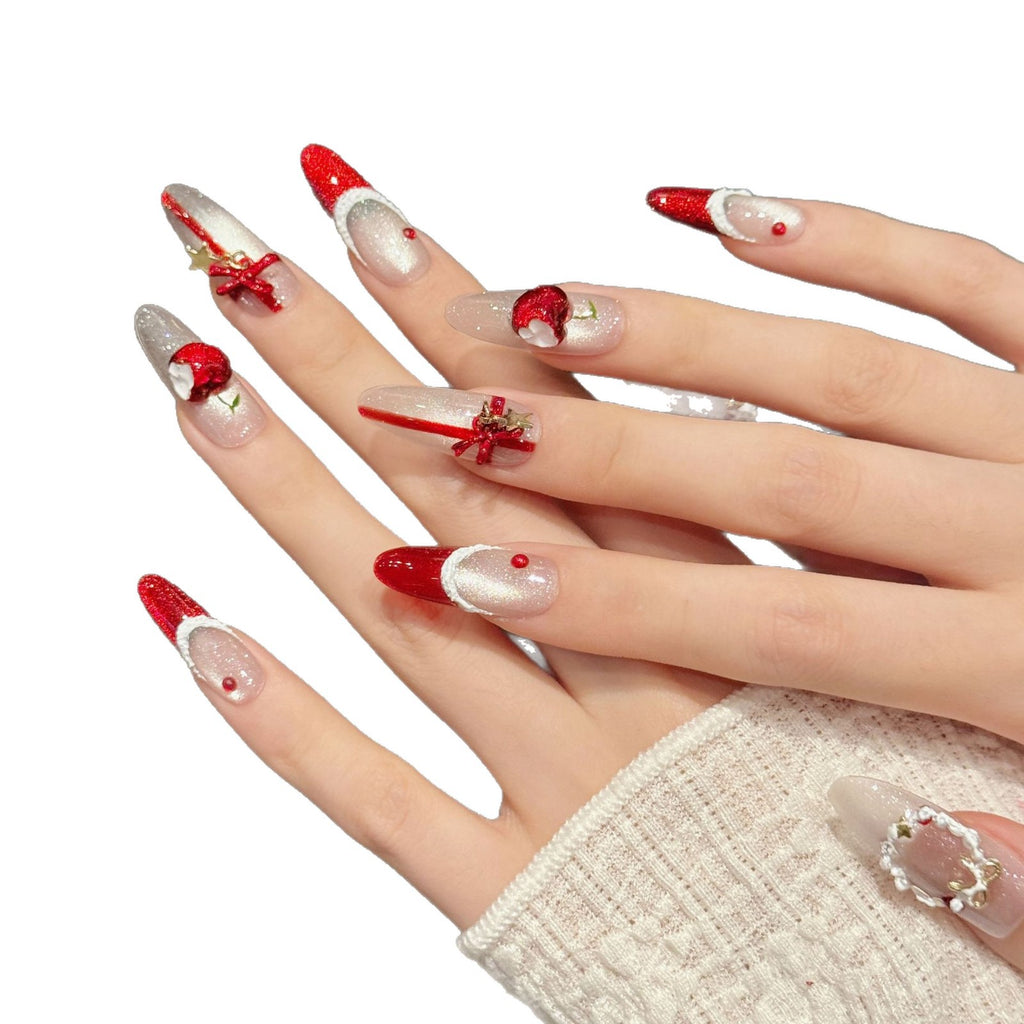 Christmas Wreath Red Cat Eye Nails – French Press-On Nails with Bow Design