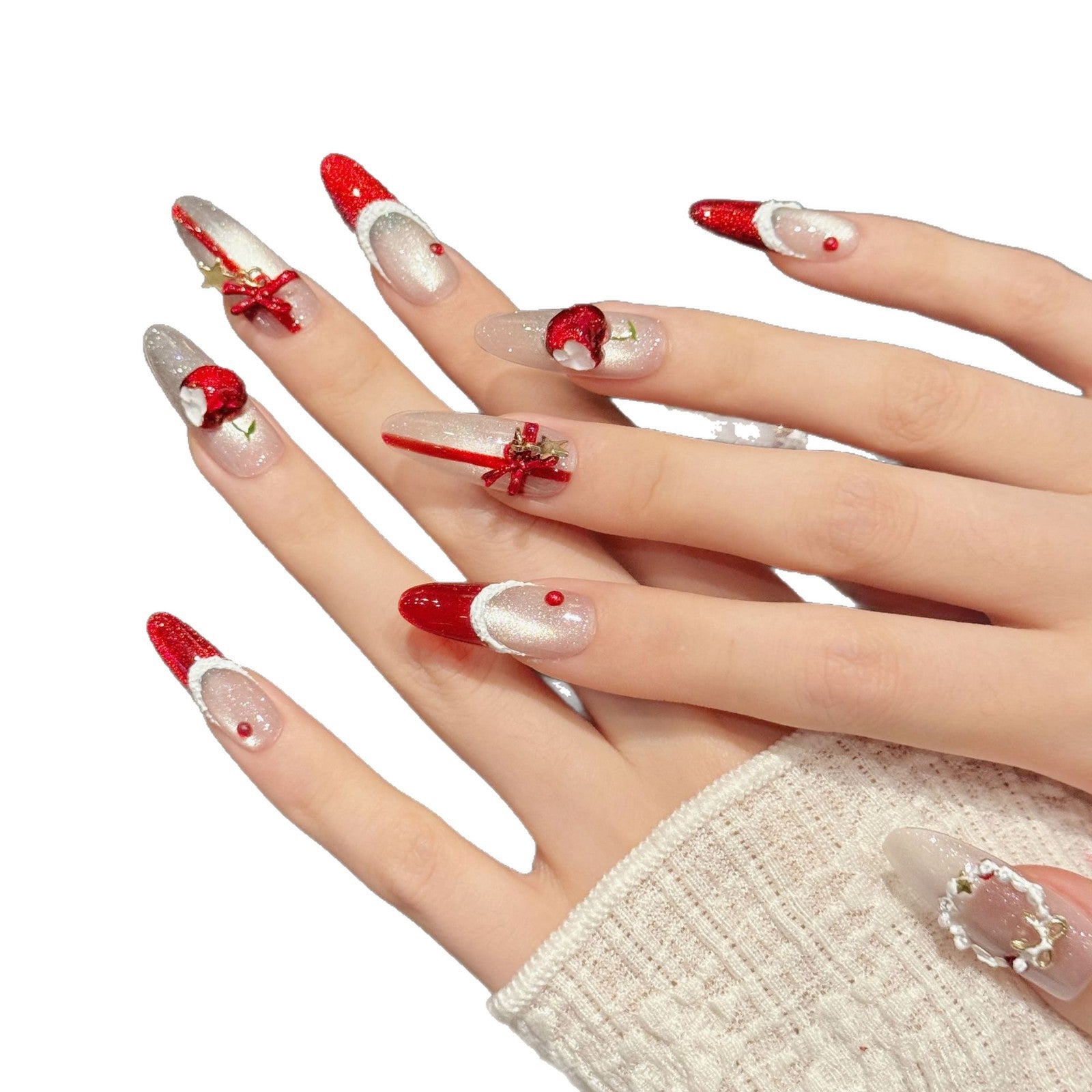 Christmas Wreath Red Cat Eye Nails – French Press-On Nails with Bow Design