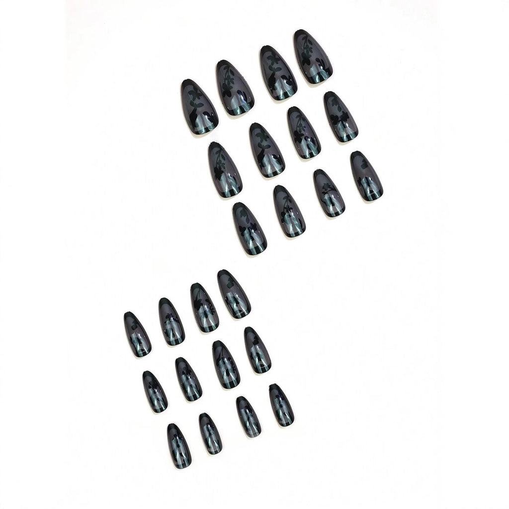 Black Flower Press On Nails – Short Almond Shape 24pcs 