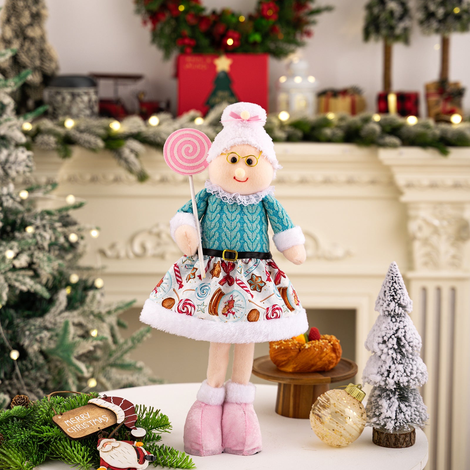 Pink Christmas Plush Decorations – Adjustable Santa & Snowman Figurines for Home or Shop Display
