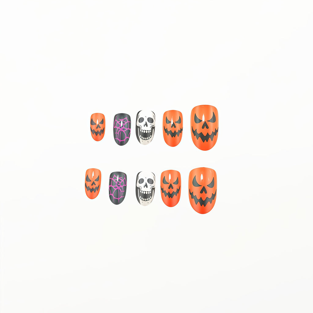 Halloween Pumpkin Skull Press On Nails – Spider Web Dark Style Fake Nails 