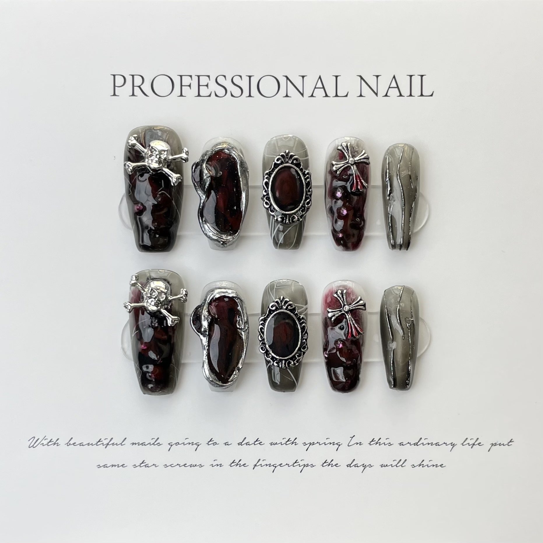 Halloween Dark Gothic Press On Nails – Skull & Heart Design