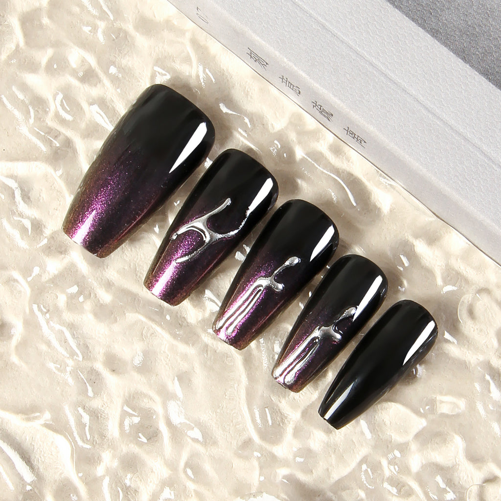 24 uñas postizas holográficas 3D con diseño de bailarinas y flores de cristal, con acabado cromado láser. 