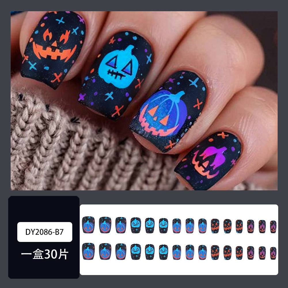 Halloween Press On Nails – 30pcs Pumpkin Face Short Fake Nail Tips 