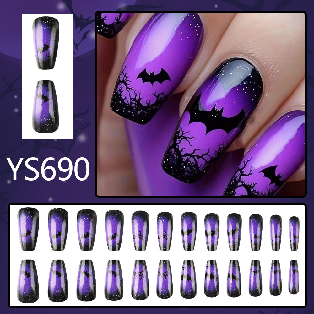 Halloween Press On Nails – 24pcs 3D Bat Design Black Purple Glossy Nails 