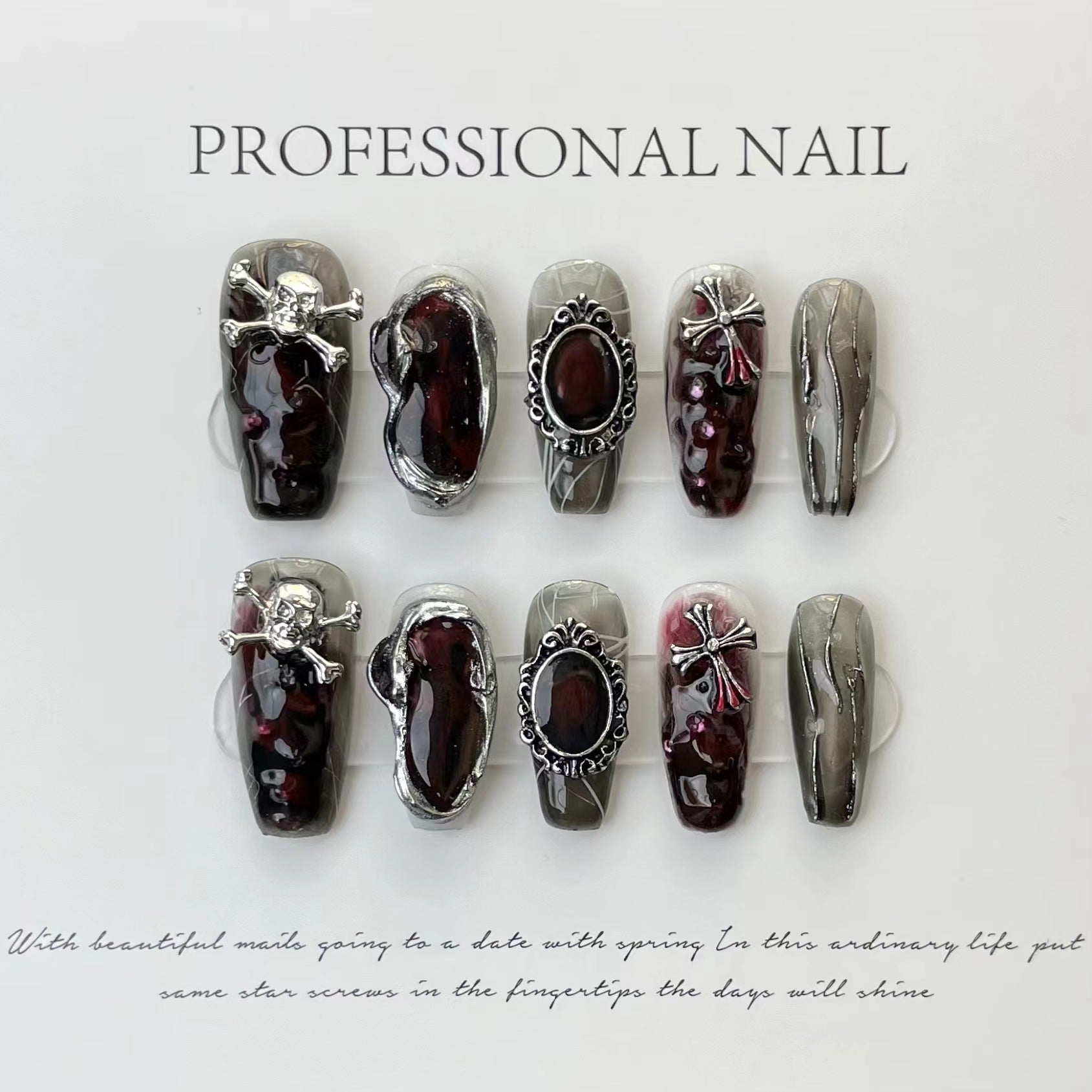 Halloween Dark Gothic Press On Nails – Skull & Heart Design