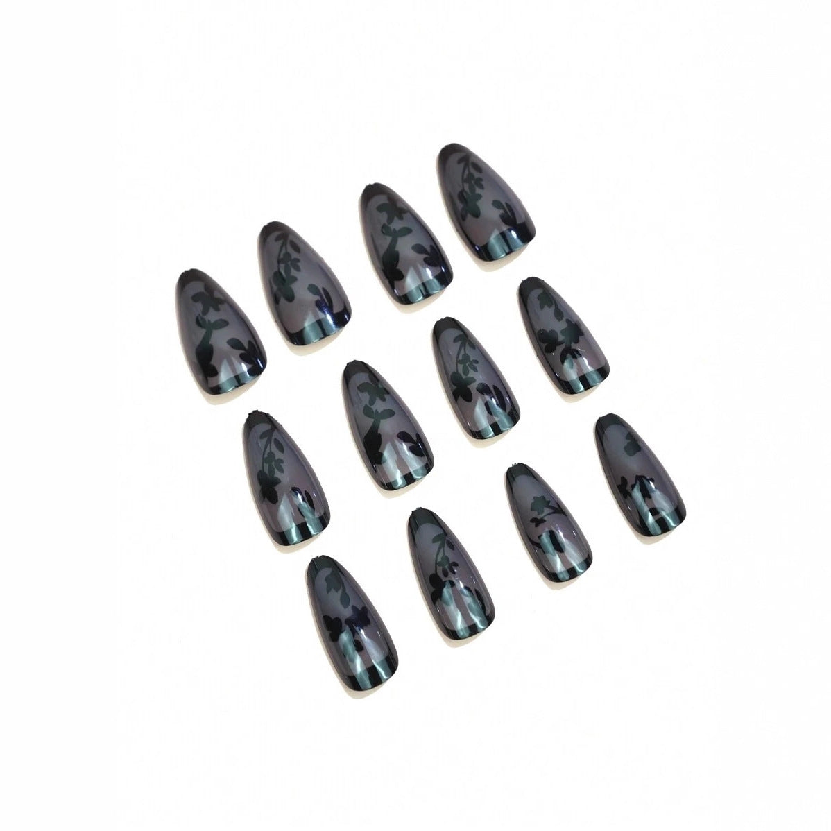 Black Flower Press On Nails – Short Almond Shape 24pcs 