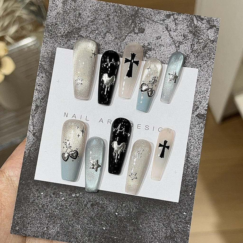 Y2K Mint Cat Eye Chrome Press On Nails – Metallic Cross Heart Design 