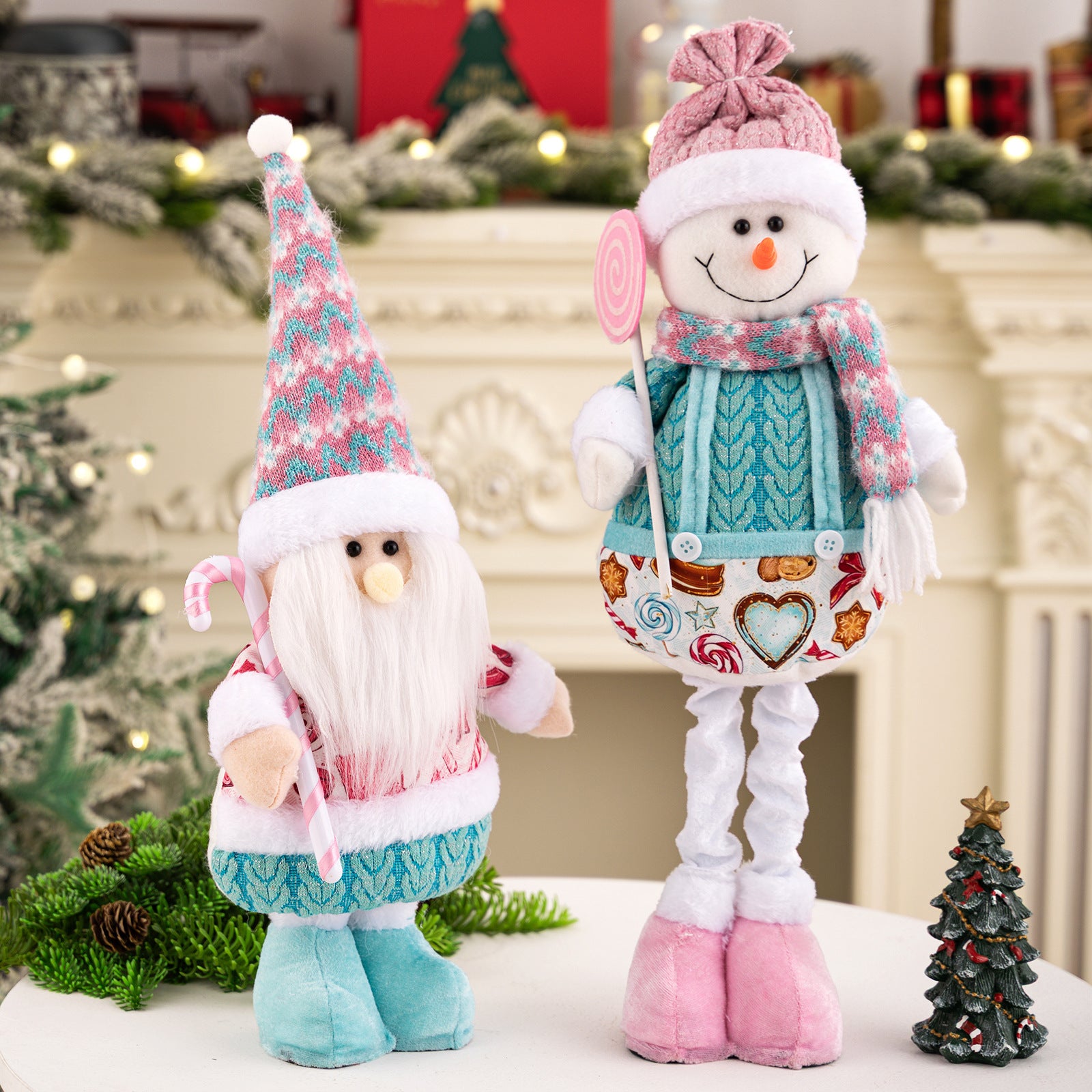 Pink Christmas Plush Decorations – Adjustable Santa & Snowman Figurines for Home or Shop Display