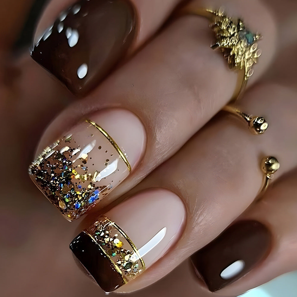 French Short Press On Nails – Simple Rhinestone Design 