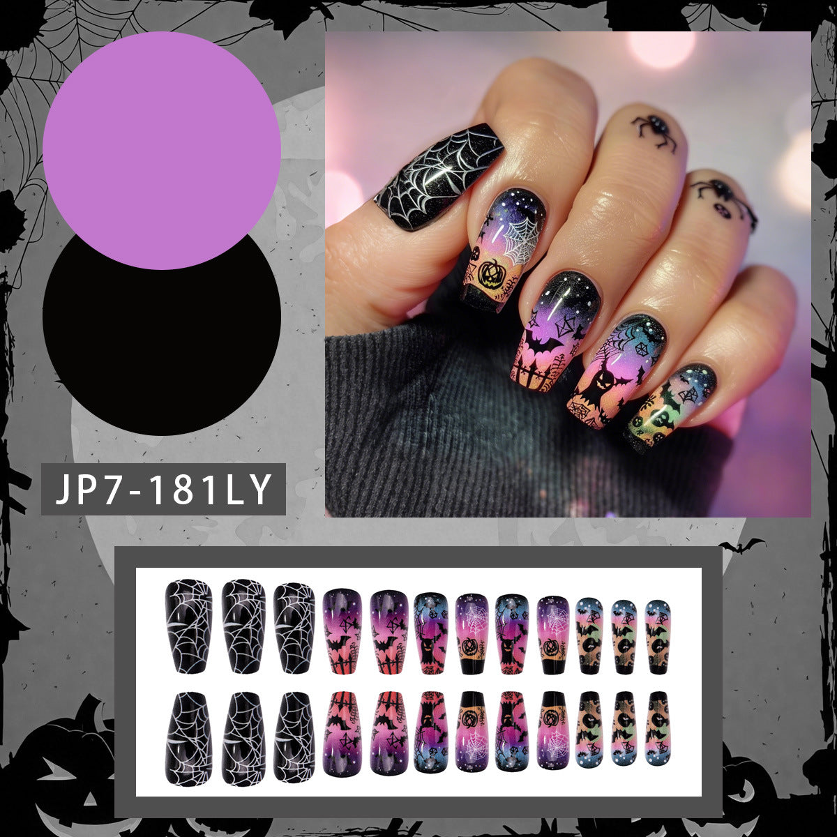 Halloween Press On Nails – Purple Bat Moon Design Fake Nail Tips 