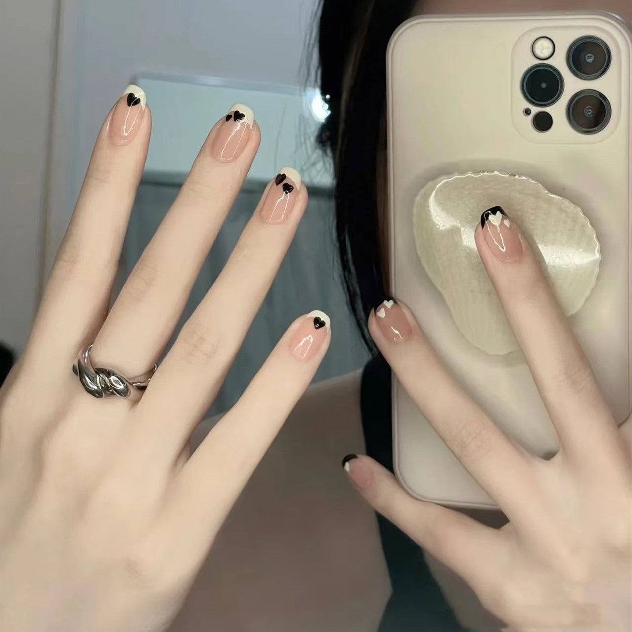 24pcs Black White French Heart Press On Nails – Sweet Cool Detachable Fake Nails 