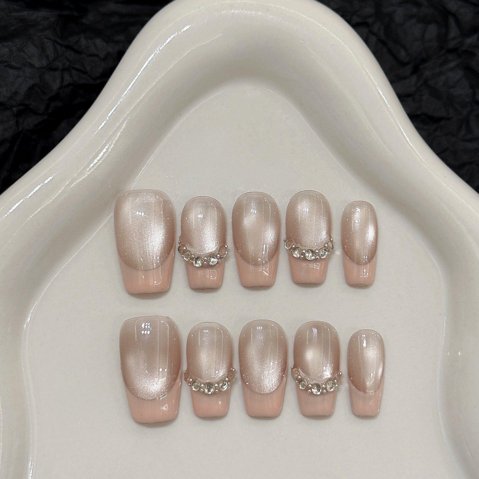 French Cat Eye Press On Nails – Short Handmade Glitter Nails