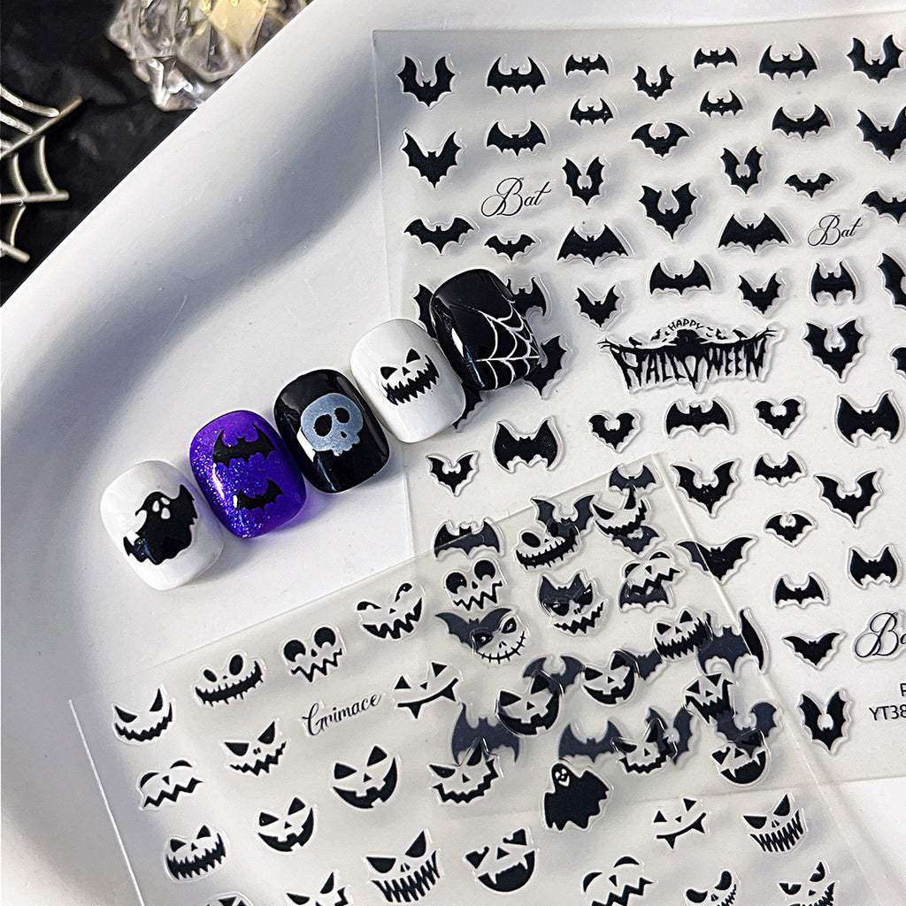 Halloween Black Bat Nail Stickers – Evil Face Self-Adhesive Nail Art Decals 