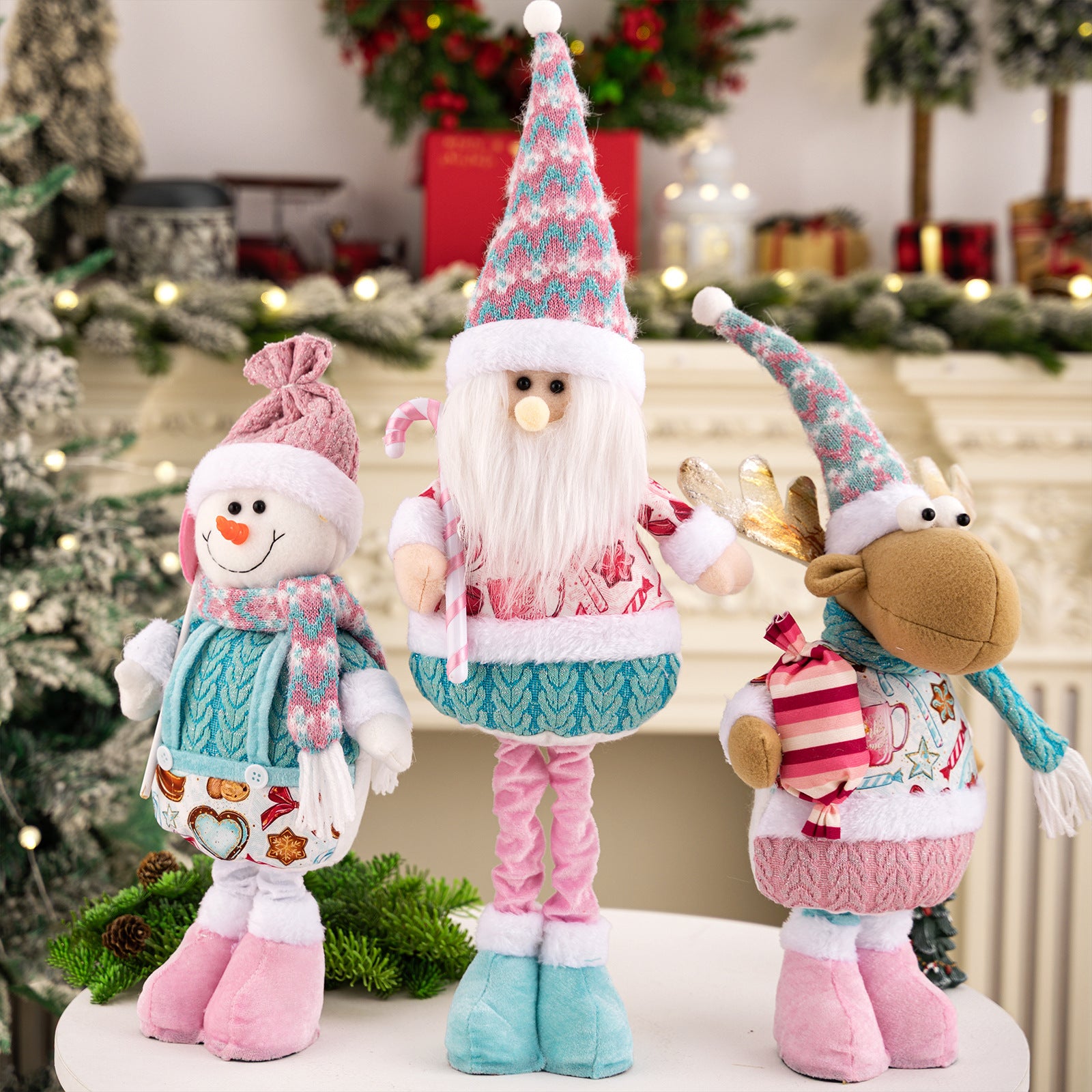 Pink Christmas Plush Decorations – Adjustable Santa & Snowman Figurines for Home or Shop Display