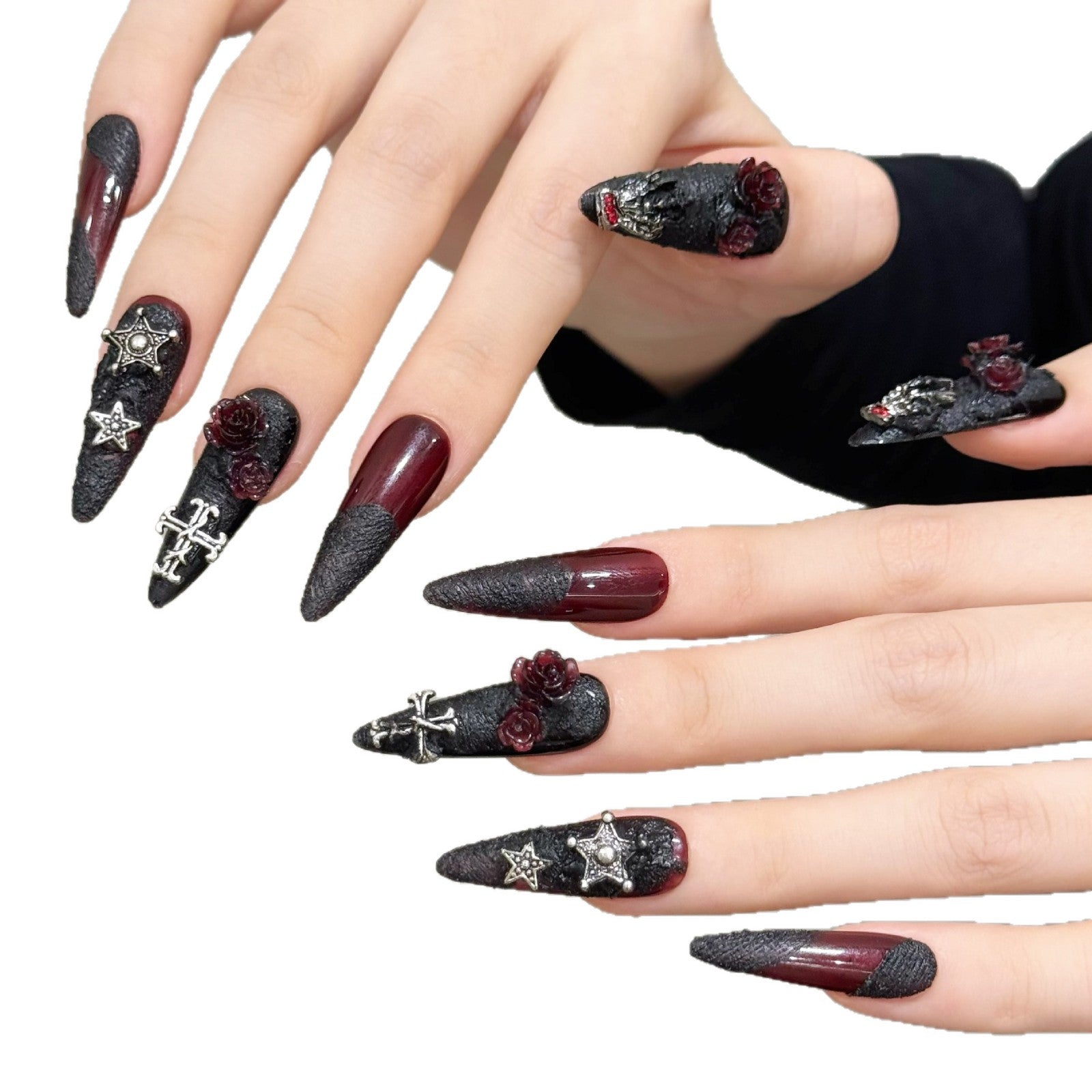 Gothic Rose Skull Press On Nails – Dark Handmade Fake Nails