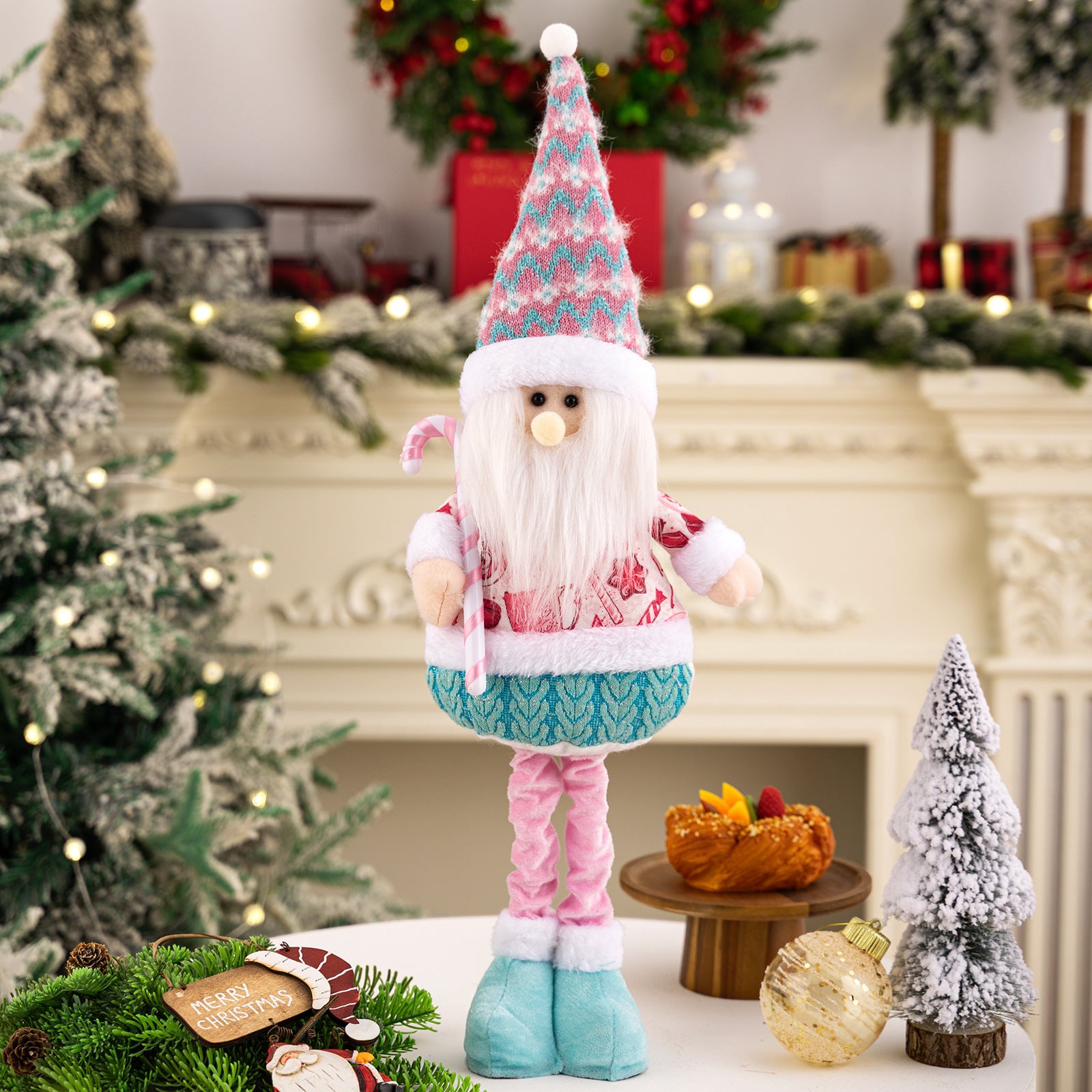 Pink Christmas Plush Decorations – Adjustable Santa & Snowman Figurines for Home or Shop Display