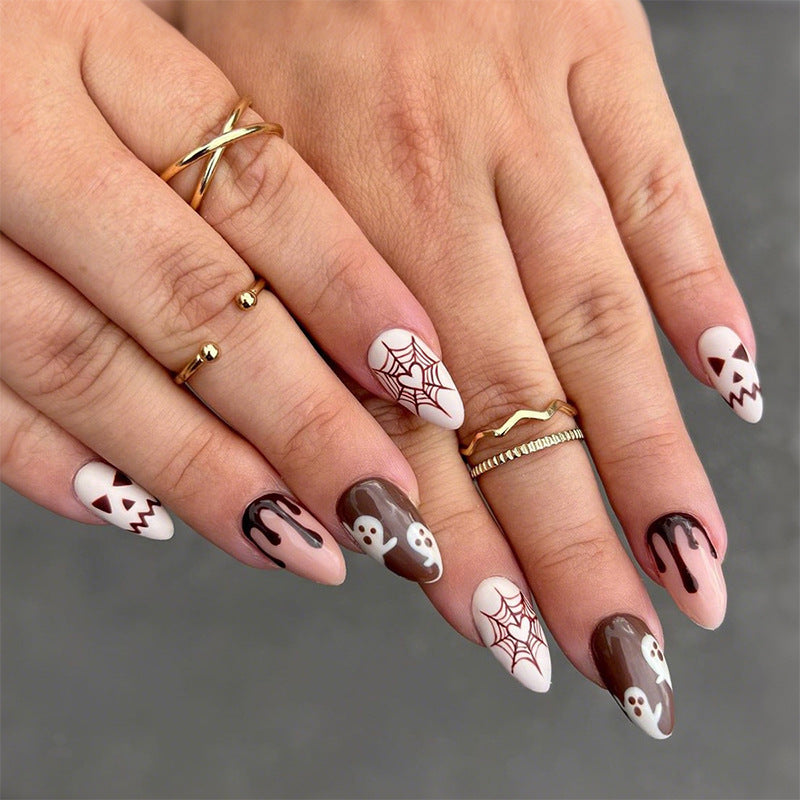 Halloween Almond Shape Press On Nails – Spider, Ghost &amp; Blood Drop Design, Reusable Fake Nail Tips 