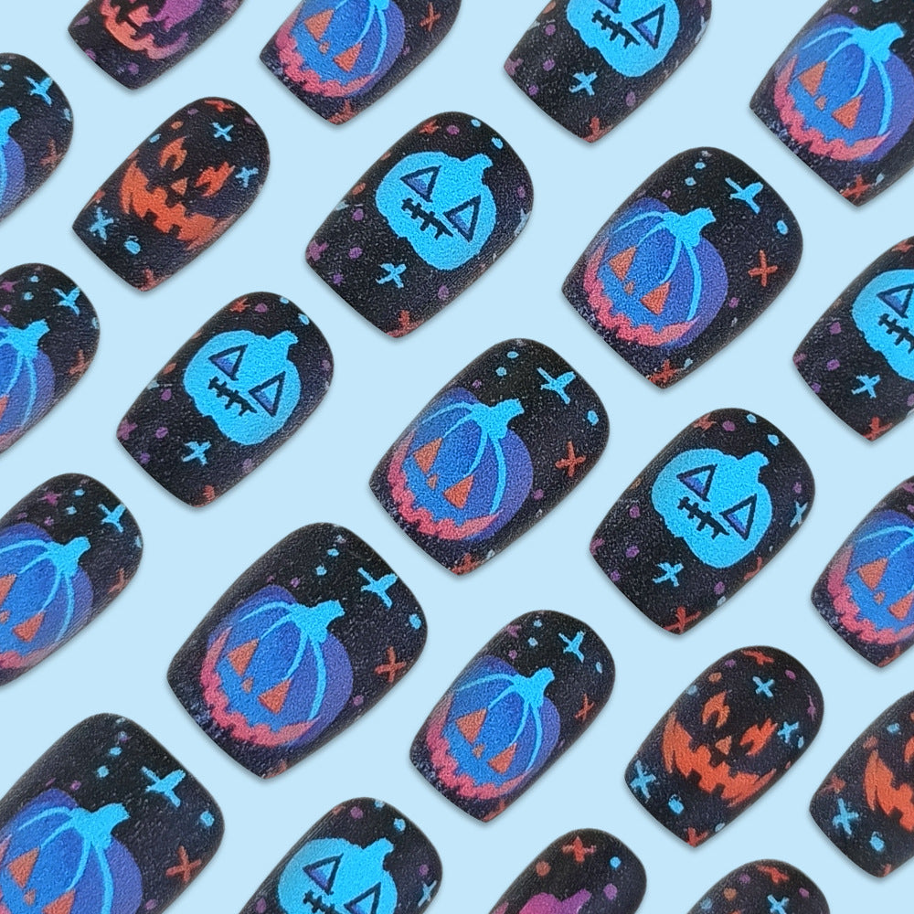 Halloween Press On Nails – 30pcs Pumpkin Face Short Fake Nail Tips 