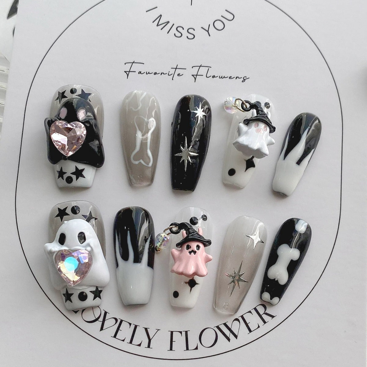 Halloween Press On Nails – Cute Ghost Handmade Detachable Fake Nails 