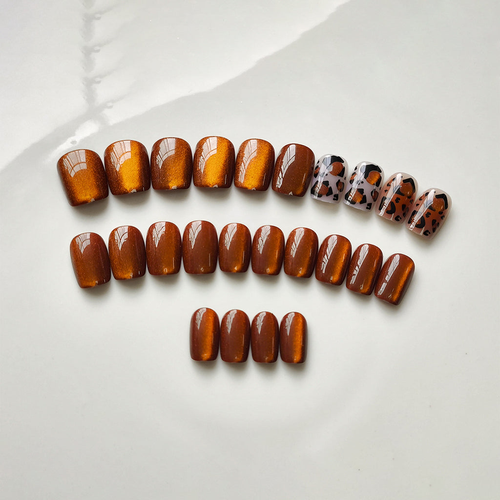 Orange Cat Eye Short Press On Nails – Leopard Print Hot Girl Style Fake Nails 