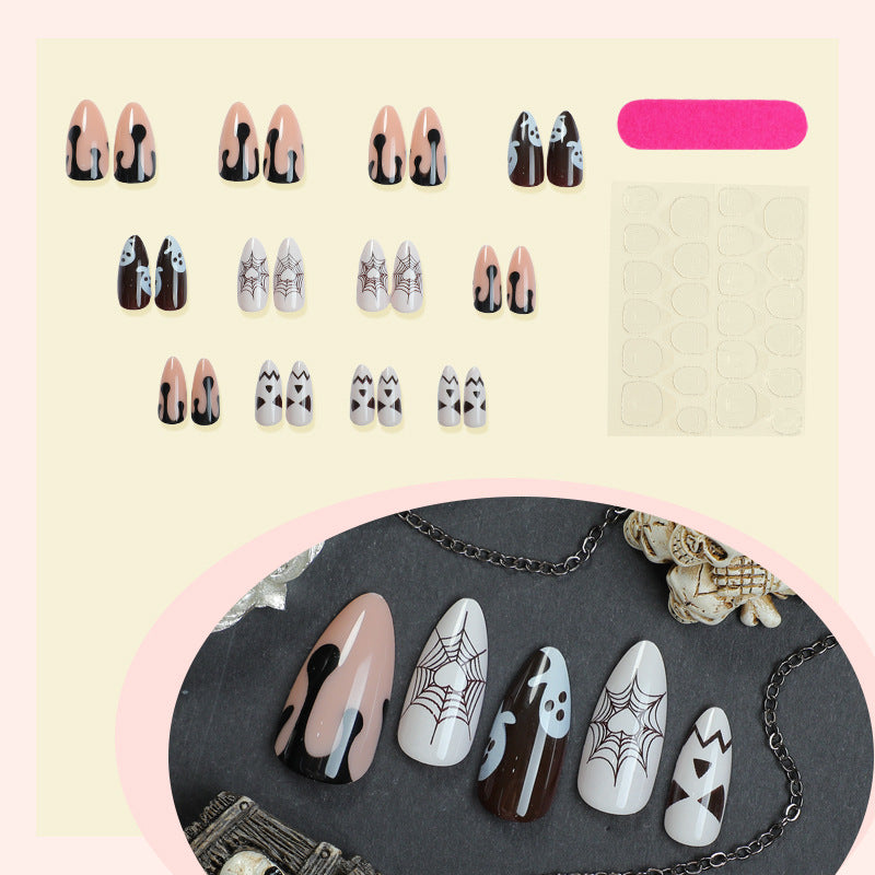 Halloween Almond Shape Press On Nails – Spider, Ghost &amp; Blood Drop Design, Reusable Fake Nail Tips 
