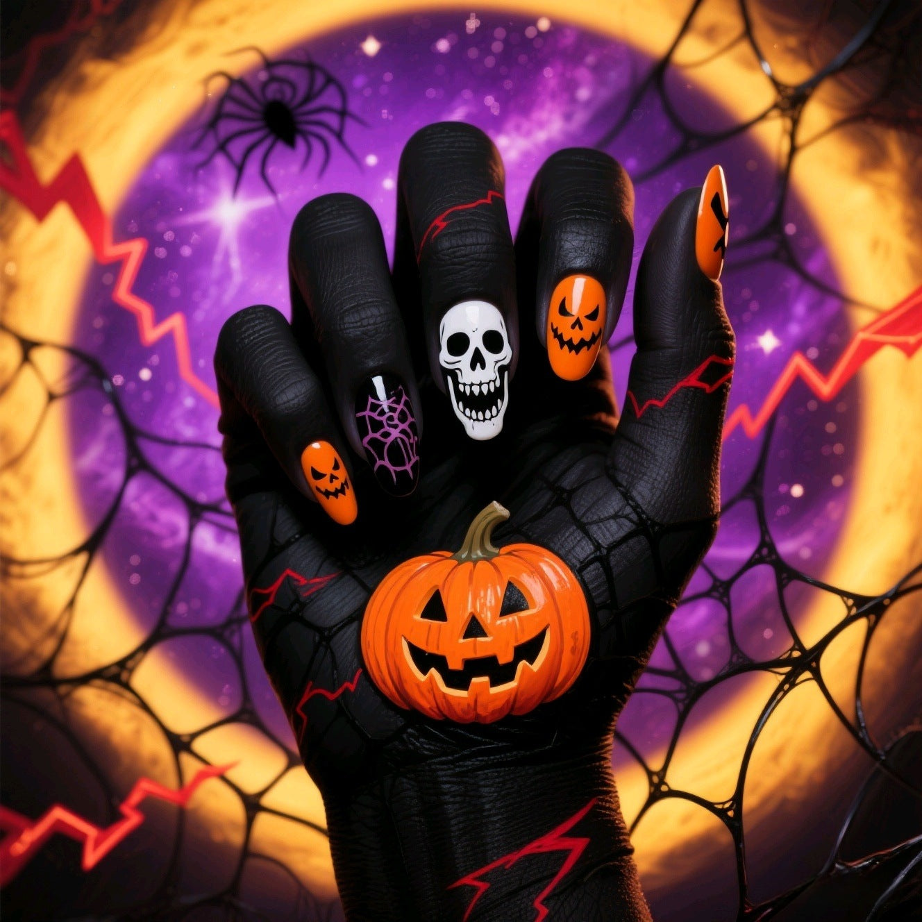 Halloween Pumpkin Skull Press On Nails – Spider Web Dark Style Fake Nails 