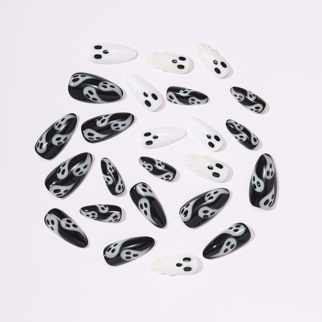 Halloween Ghost Press On Nails – 3D Black White Cartoon Design 24pcs 