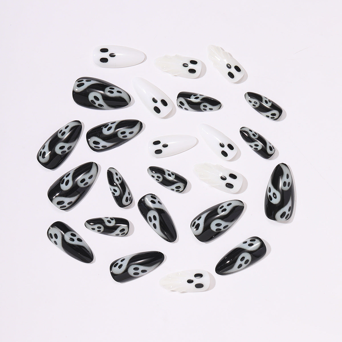 Halloween Ghost Press On Nails – 3D Black White Cartoon Design 24pcs 