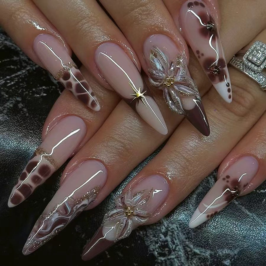 30pcs Almond Shape Leopard Print Brown Press On Nails – 3D Stripe Glossy Fake Nails 