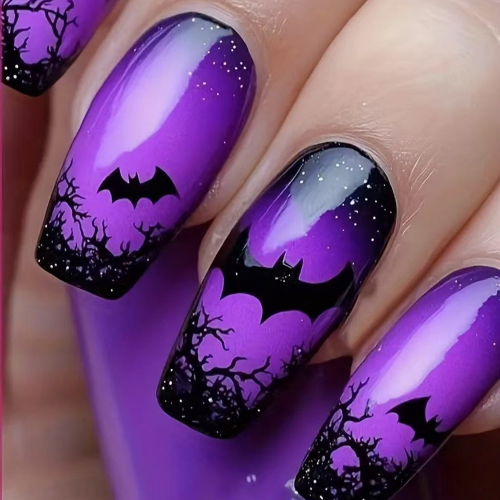 Halloween Press On Nails – 24pcs 3D Bat Design Black Purple Glossy Nails 