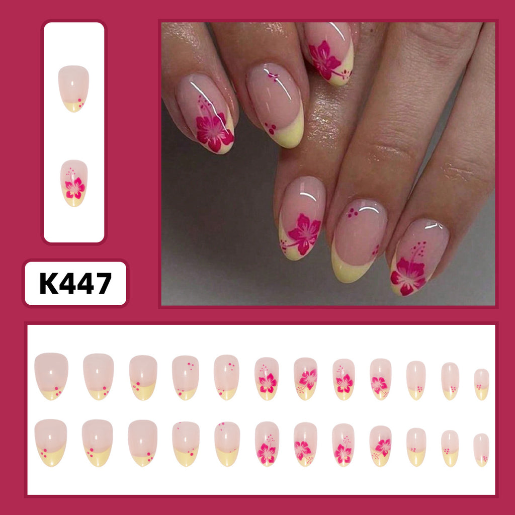 French Red Flower Press On Nails – Short Oval Almond Shape 