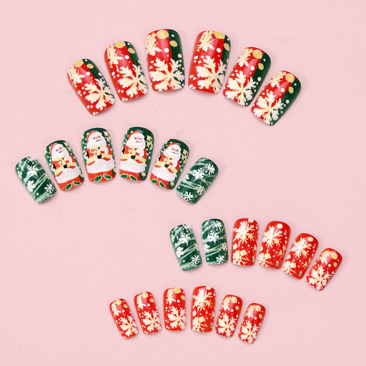 Green Christmas Press-On Nails – Santa & Snowflake Design Reusable Nail Tips