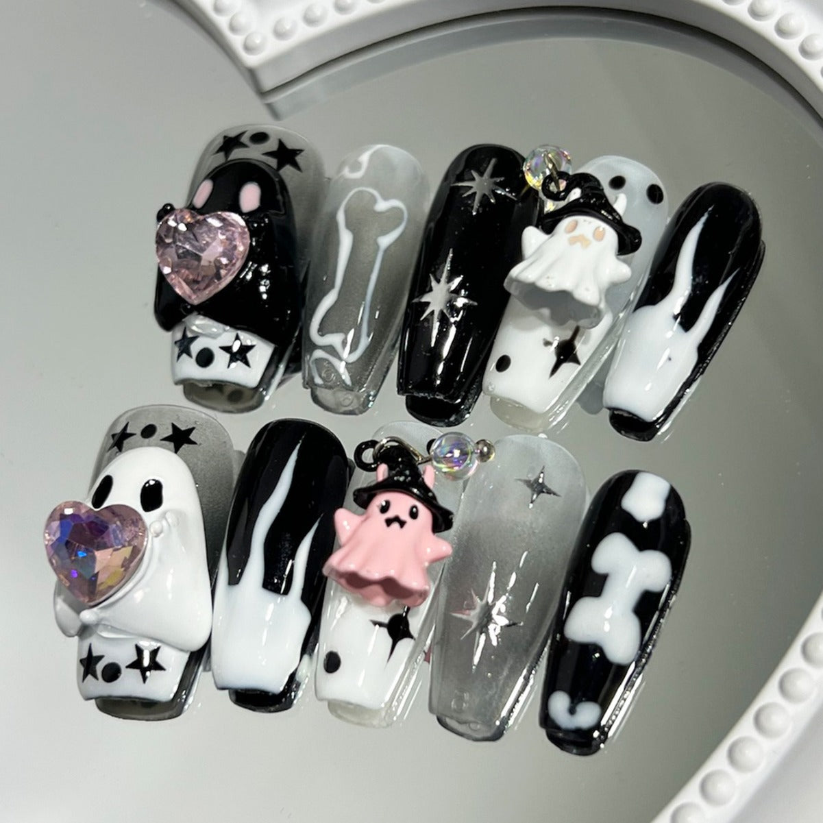 Halloween Press On Nails – Cute Ghost Handmade Detachable Fake Nails 