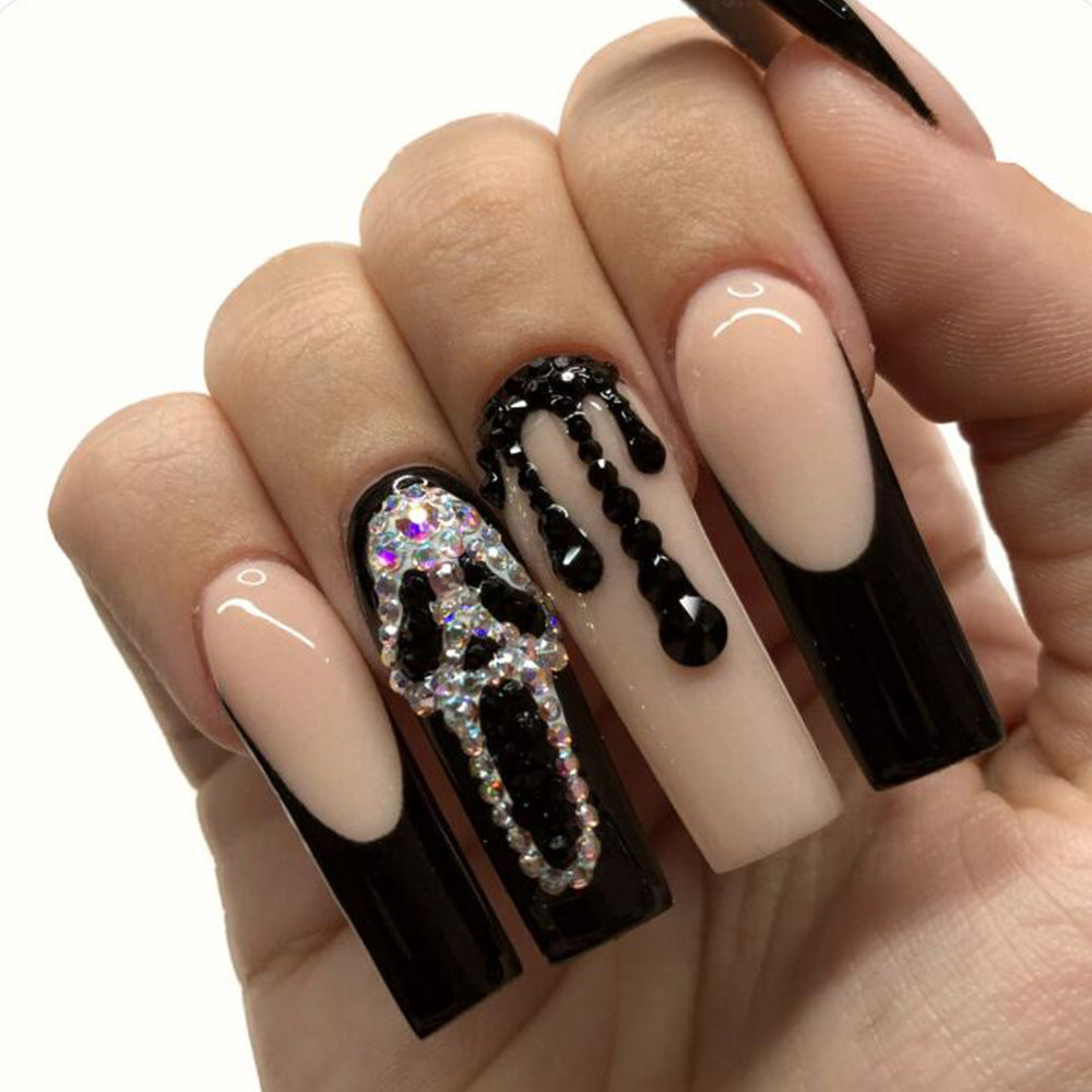 Halloween Press On Nails – 24pcs Rhinestone French Style Fake Nail Tips 