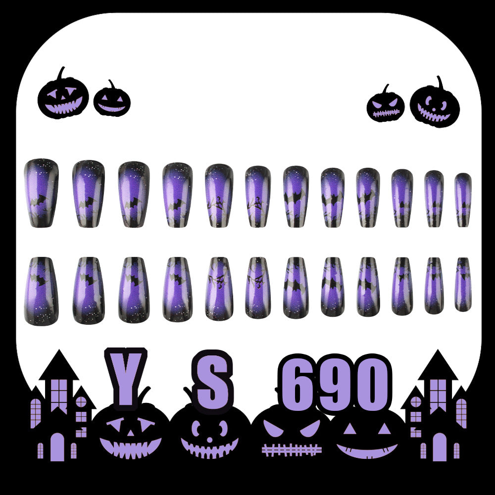 Halloween Press On Nails – 24pcs 3D Bat Design Black Purple Glossy Nails 