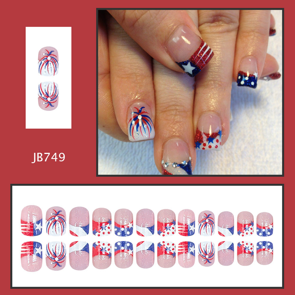 Independence Day USA Flag Fireworks Red Blue White Square Press On Nails 