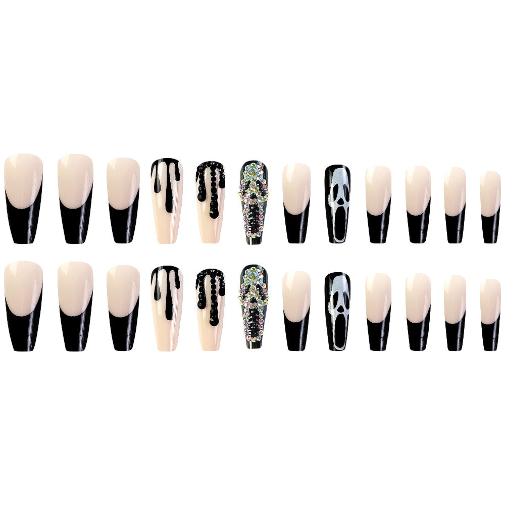Halloween Press On Nails – 24pcs Rhinestone French Style Fake Nail Tips 