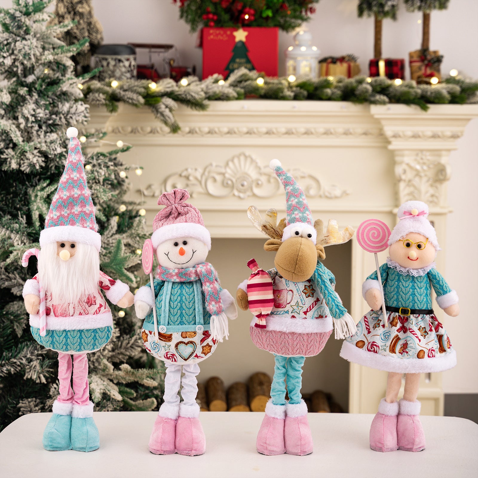Pink Christmas Plush Decorations – Adjustable Santa & Snowman Figurines for Home or Shop Display