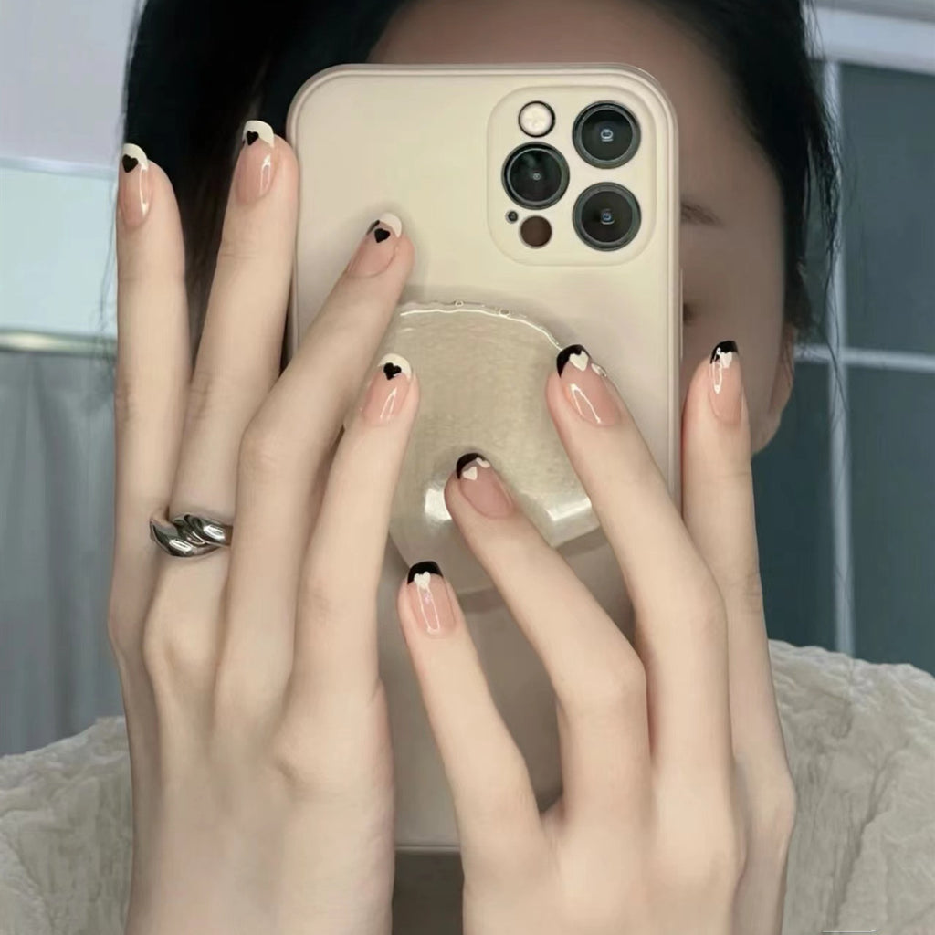 24pcs Black White French Heart Press On Nails – Sweet Cool Detachable Fake Nails 
