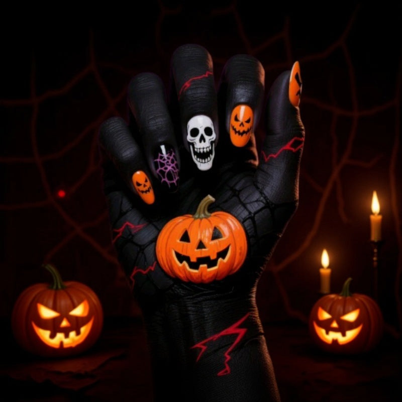 Halloween Pumpkin Skull Press On Nails – Spider Web Dark Style Fake Nails 