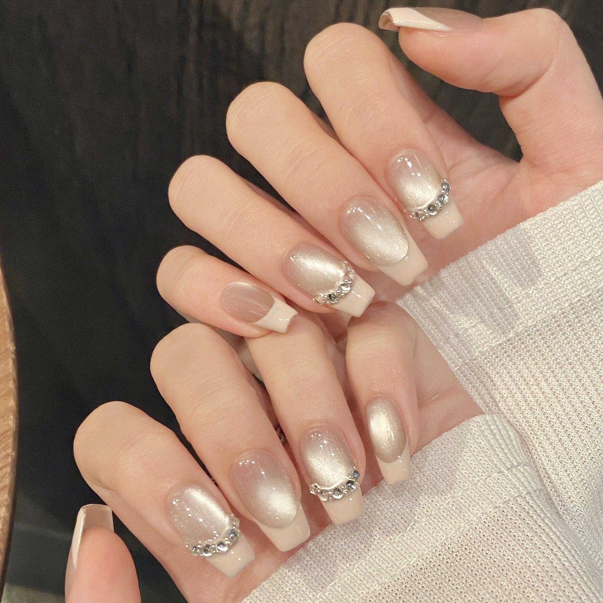 French Cat Eye Press On Nails – Short Handmade Glitter Nails