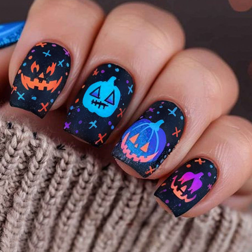 Halloween Press On Nails – 30pcs Pumpkin Face Short Fake Nail Tips 