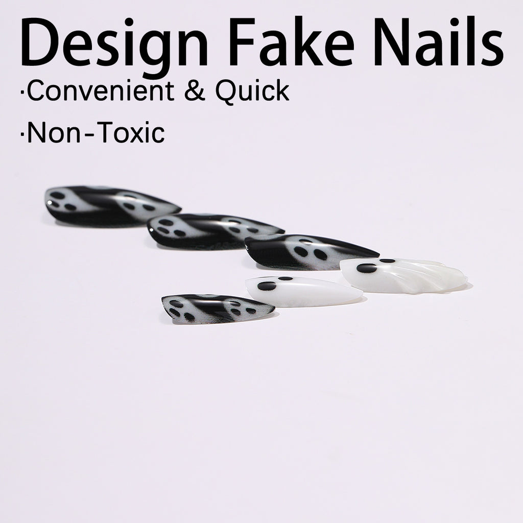 Halloween Ghost Press On Nails – 3D Black White Cartoon Design 24pcs 