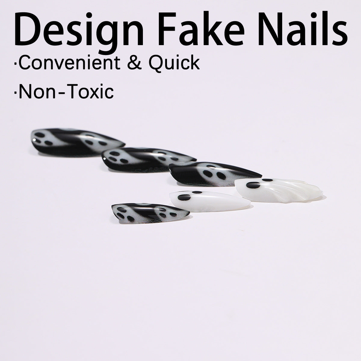 Halloween Ghost Press On Nails – 3D Black White Cartoon Design 24pcs 