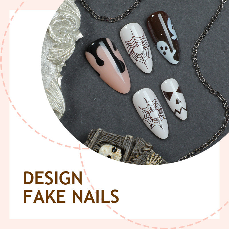 Halloween Almond Shape Press On Nails – Spider, Ghost &amp; Blood Drop Design, Reusable Fake Nail Tips 