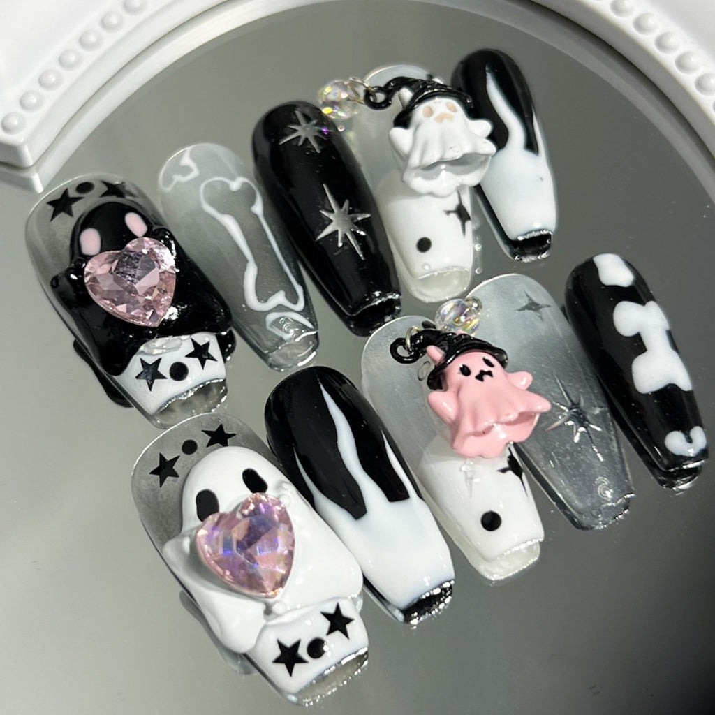 Halloween Press On Nails – Cute Ghost Handmade Detachable Fake Nails 