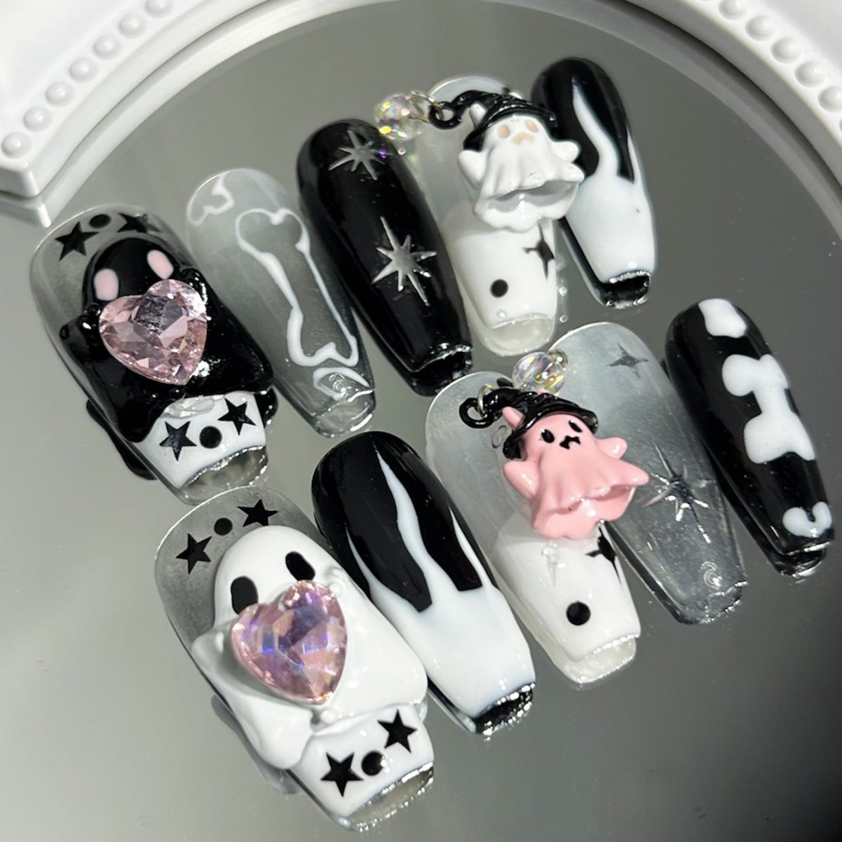 Halloween Press On Nails – Cute Ghost Handmade Detachable Fake Nails 