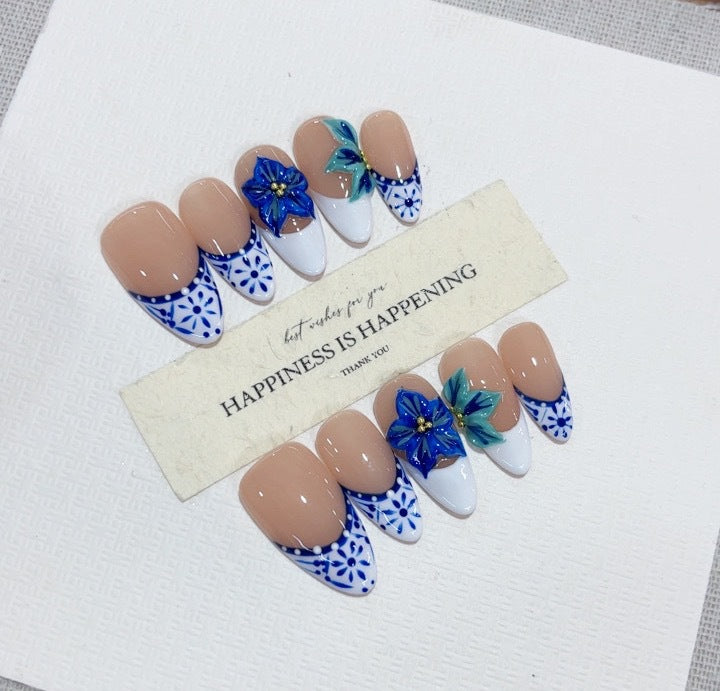 Handmade Press On Nails Autumn Winter Collection – Hand Painted Carved Design 